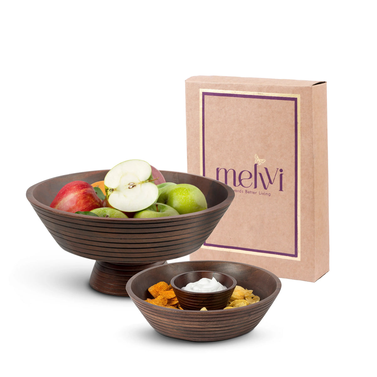 Melvvi Wooden Chip & Dip Serving Set - Mango Wood 12-inch Two-Tier Bowl For Entertaining